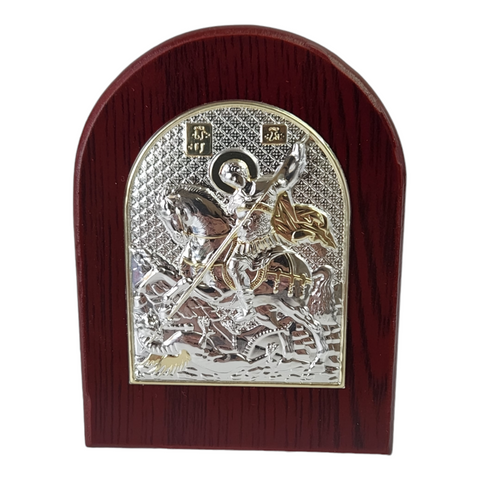 Orthodox Silver & Gold Plated Saint George Icon Plaque Red Wood Frame