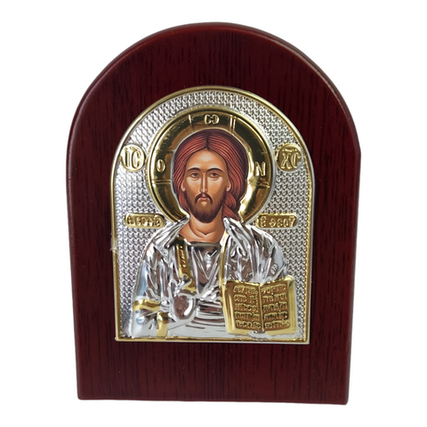 Orthodox Silver & Gold Plated Jesus Christ Icon Plaque Red Wood Frame