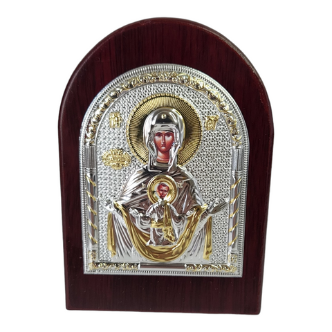 Orthodox Silver & Gold Plated Holy Mother Mary & Jesus Icon Plaque Red Wood Frame