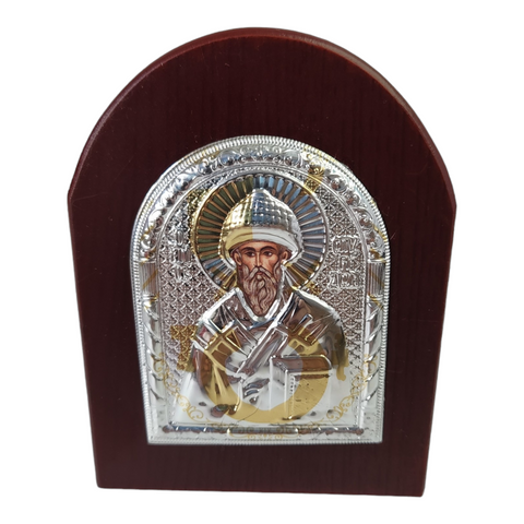 Orthodox Silver & Gold Plated Saint Spyridon Icon Plaque Red Wood Frame