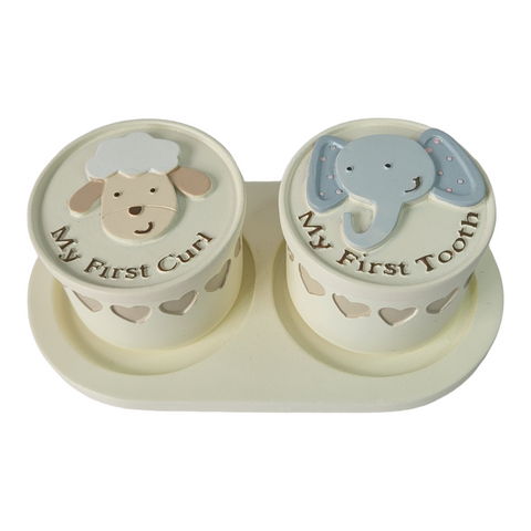 2 Piece Noah's Ark My First Tooth & My First Curl Trinket Baby Gift Set