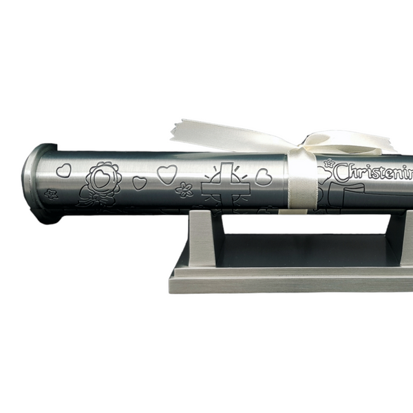 Silver Pewter Baby Christening Certificate Holder & Stand In Satin Gift Box