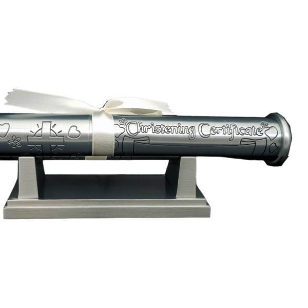 Silver Pewter Baby Christening Certificate Holder & Stand In Satin Gift Box