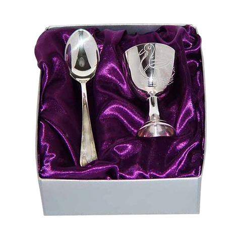 2 Piece Silver Plated Shiny Duck Design Baby Egg Cup Holder & Spoon Gift Set