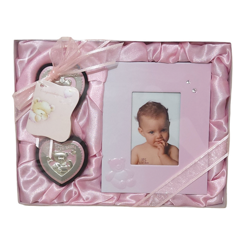 Pink Baby Girl 3 Piece Pink Photo Frame, My First Tooth & My First Curl Heart Keepsake Set