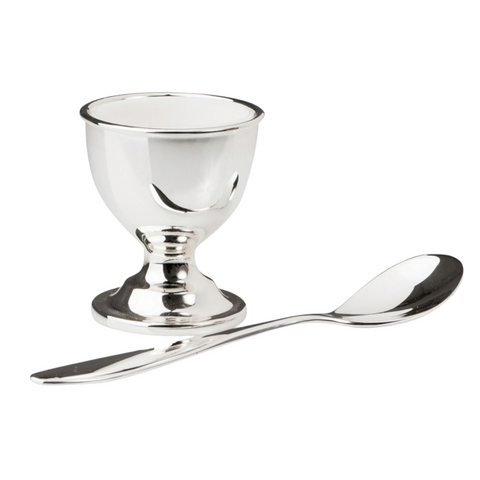 2 Piece Silver Plated Shiny Baby Egg Cup Holder & Spoon Gift Set