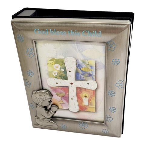 Silver Pewter & Blue Boy Religious God Bless This Child Photo Album with Engraved Motif Silver Pewter Finish baby shower baptism christening newborn baby gift children gift blue engraved writing