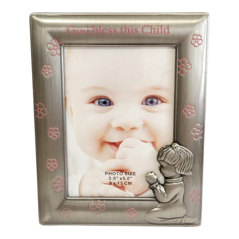 Girl Religious Silver Pewter & Pink God Bless This Child Photo Frame