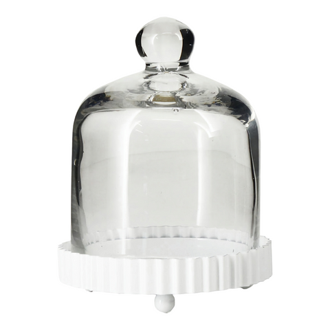 Mini Clear Glass Cupcake Bell Display Jar with Dome Cloche Lid on White Fluted Base