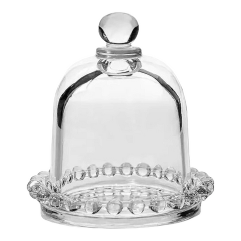 Mini Clear Glass Cupcake Bell Display Jar with Dome Cloche Lid on Clear Beaded Base