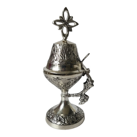 Orthodox Silver Brass Religious Incense Burner with Cross Top & Handle