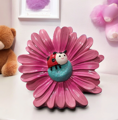 Pink Daisy Flower & Ladybug Money Box