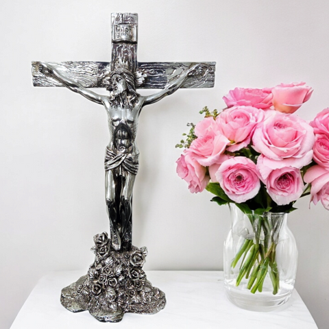 Large Silver Plated Standing Holy Religious Jesus crucifix Cross