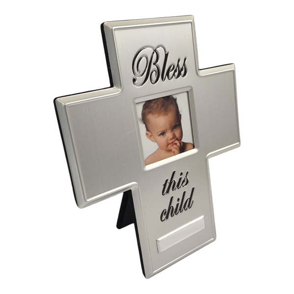 Silver Bless This Child Cross Photo Frame in Satin Gift Box