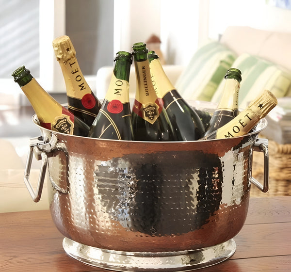 Silver Stainless Steel Single Wall Hammered Champagne & Wine Ice Bucket Tub cooler with Handles