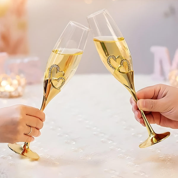 Set 2 Gold Champagne Glass Flutes & Binding Sparkling Crystal Diamante Double Hearts
