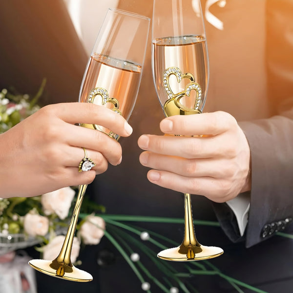 Set 2 Gold Champagne Glass Flutes & Binding Sparkling Crystal Diamante Double Hearts