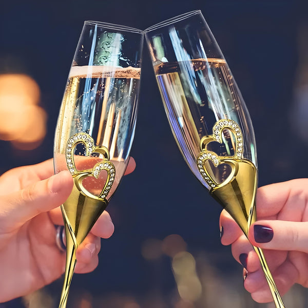 Set 2 Gold Champagne Glass Flutes & Binding Sparkling Crystal Diamante Double Hearts