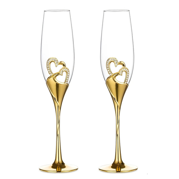 Set 2 Gold Champagne Glass Flutes & Binding Sparkling Crystal Diamante Double Hearts