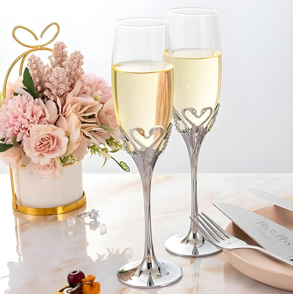 Set 2 Silver Champagne Glass Flutes & Sparkling Crystal Diamantes Swan Hearts