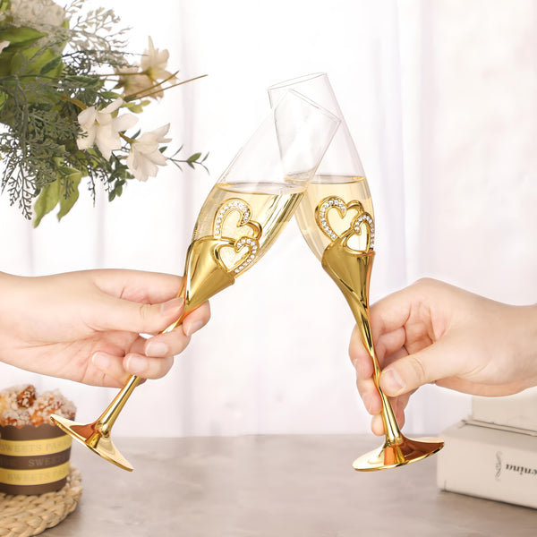 Set 2 Gold Champagne Glass Flutes & Binding Sparkling Crystal Diamante Double Hearts
