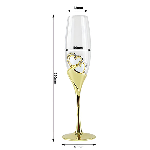 Set 2 Gold Champagne Glass Flutes & Binding Sparkling Crystal Diamante Double Hearts