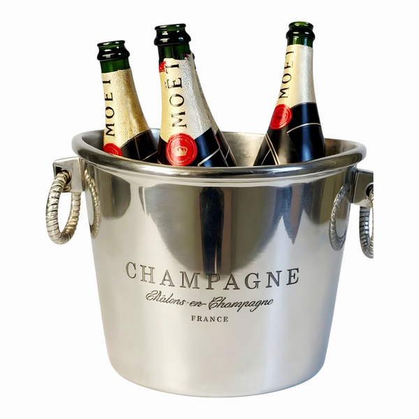 Shiny Silver Oval Champagne France Ice Cooler Bucket with Ring Handles