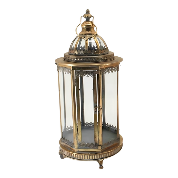 Set 2 Large Antique Gold Metal Hurricane Candle Holder Lanterns & Handles