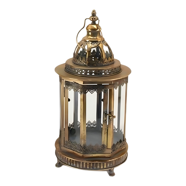 Set 2 Large Antique Gold Metal Hurricane Candle Holder Lanterns & Handles