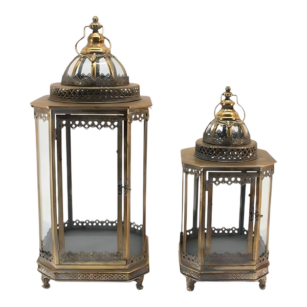 Set 2 Large Antique Gold Metal Hurricane Candle Holder Lanterns & Handles