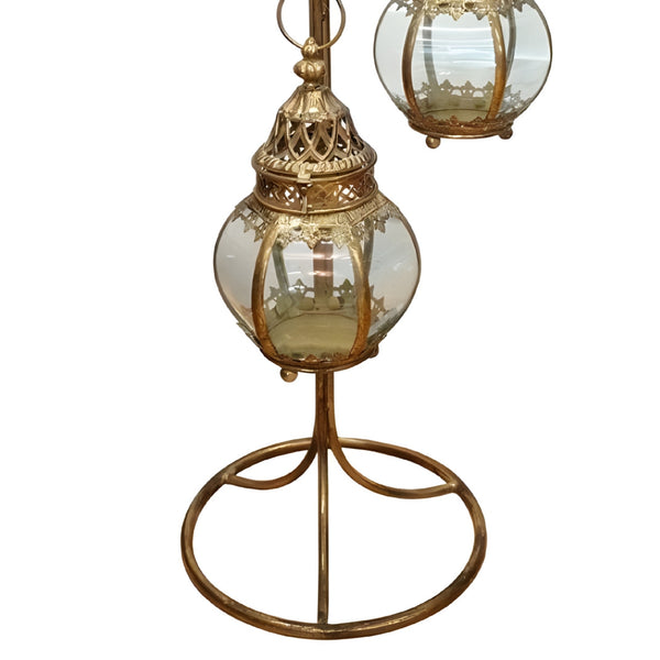 Set 3 Hanging Antique Gold Metal Candle Holder Lanterns On Stand