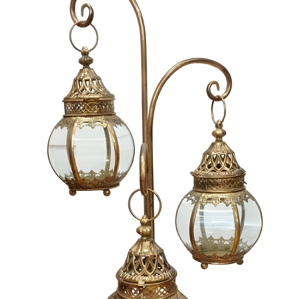 Set 3 Hanging Antique Gold Metal Candle Holder Lanterns On Stand