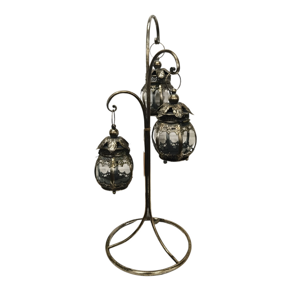 Set 3 Hanging Antique Silver Metal Candle Holder Lanterns On Stand