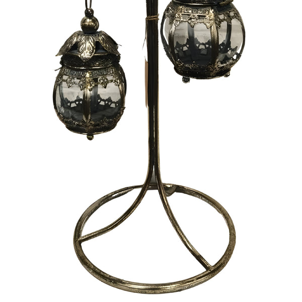 Set 3 Hanging Antique Silver Metal Candle Holder Lanterns On Stand