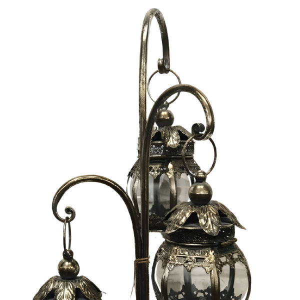 Set 3 Hanging Antique Silver Metal Candle Holder Lanterns On Stand