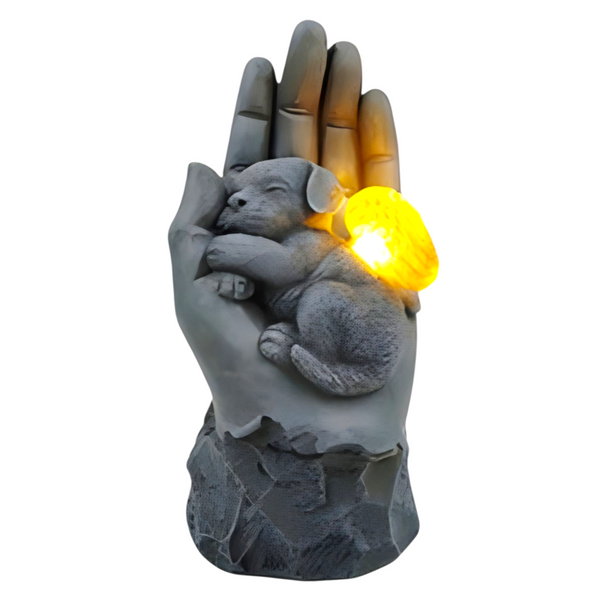 Dog Angel with Wings Sleeping In Hand Solar Light Garden Memorial Statue