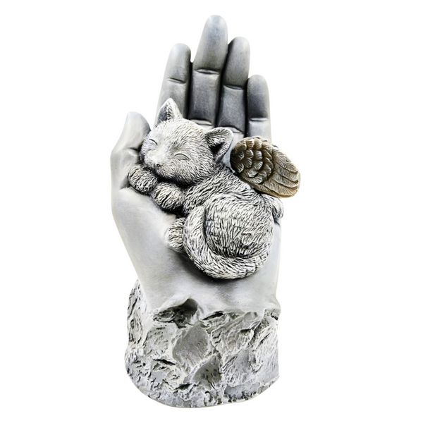 Cat Angel with Wings Sleeping In Hand Solar Light Garden Memorial Statue