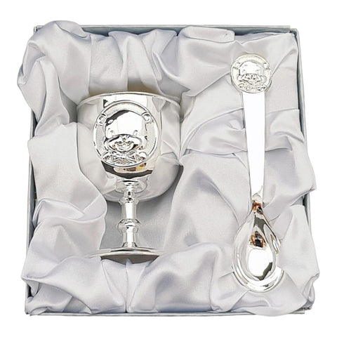 2 Piece Silver Plated Shiny Teddy Bear Design Baby Egg Cup Holder & Spoon Gift Set