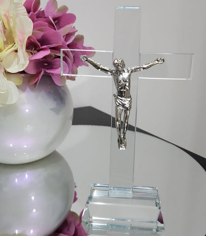 Clear Crystal Cut Glass Standing Crucifix Holy Cross