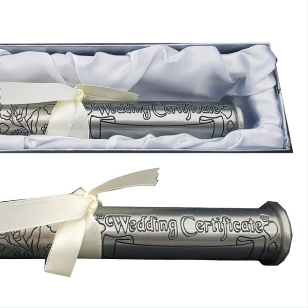 Silver Wedding Pewter Certificate Holder in white Satin Gift Box