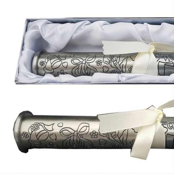 Silver Wedding Pewter Certificate Holder in white Satin Gift Box