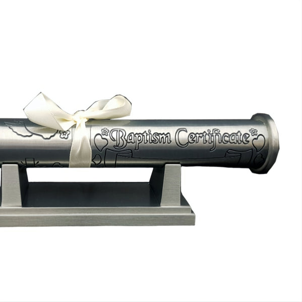 silver Pewter Baptism Certificate Holder & Stand in white satin gift box