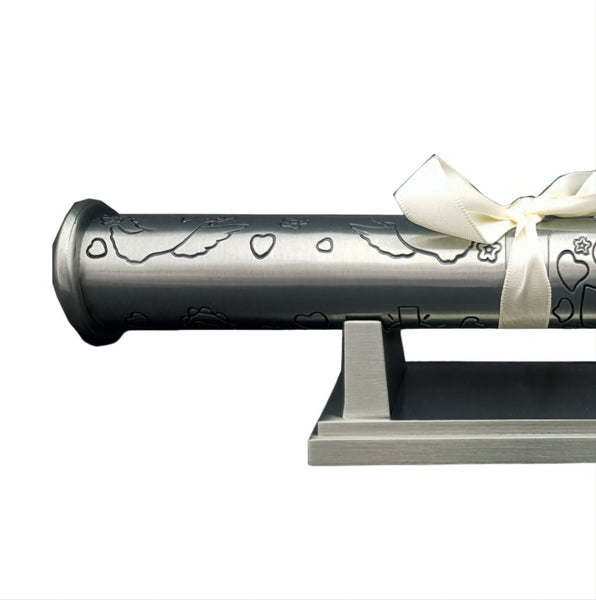 silver Pewter Baptism Certificate Holder & Stand in white satin gift box