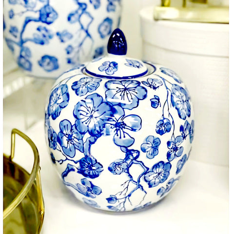 Round Blue & White Floral Design Ceramic Pumpkin Jar