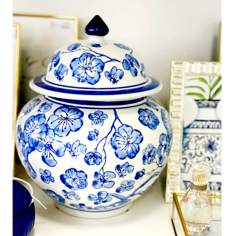Blue & White Floral Design Ceramic Ginger Jar