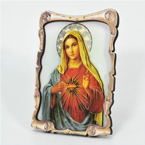 Religious Catholic Christian Colour Wooden Wood 3D Sacred Heart Holy Virgin Mother Mary Icon Plaque picture Stand