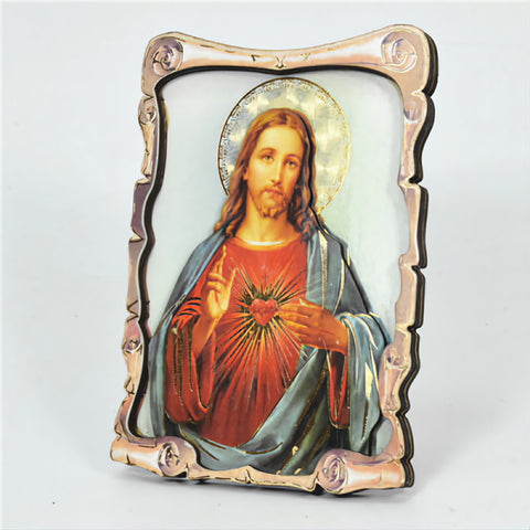 Religious Catholic Christian Colour Wooden Wood 3D Sacred Heart Jesus Christ Icon Plaque picture Stand