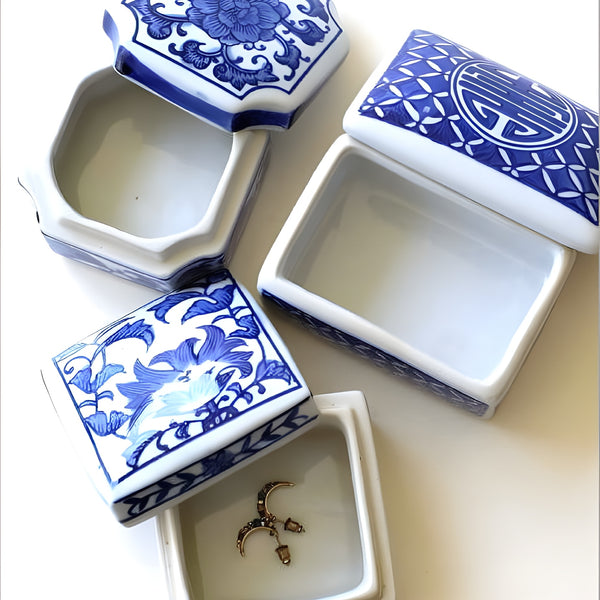 Set 3 blue and white decorative Tabletop Porcelain Trinket Boxes home decor display gift