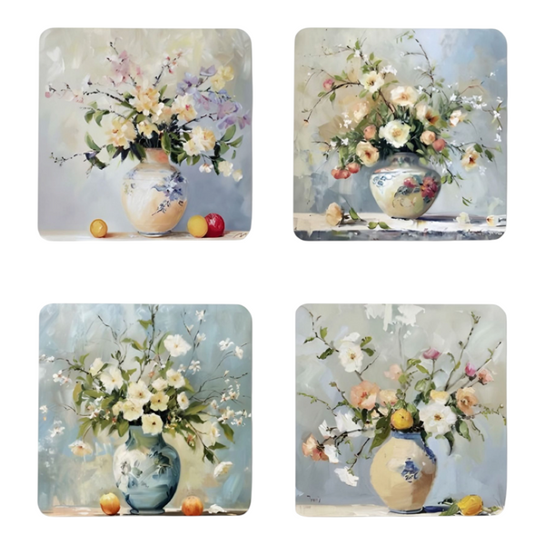 Set 4 Square Ceramic Coasters In Box- Flowers In Vase