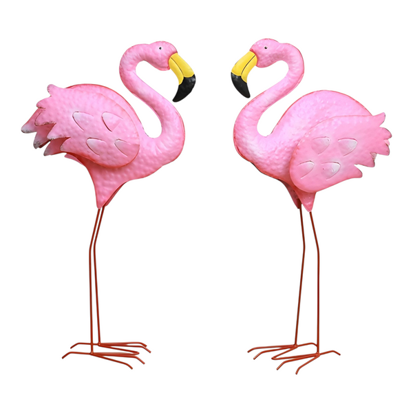 Set 2 Assorted Pink Metal Flamingo Couple Garden Statues